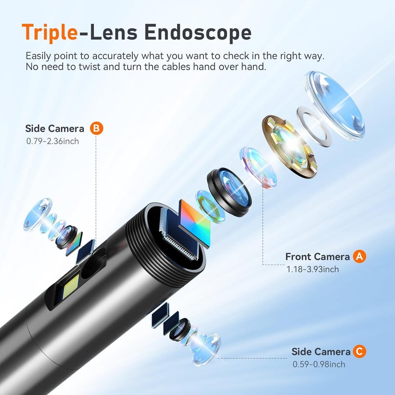 GinoCaco Triple Lens 5" IPS Borescope Inspection Camera, 1080P Digital Video Endoscope with Light, Waterproof Scope Camera with 16.5FT Semi-Rigid Cable, Drain Pipe Tool, Carrying Case, 32G Card - Image 2